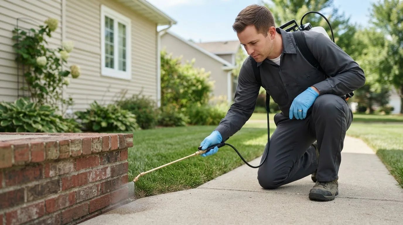 Pest control technician treating a home near Osseo, MN